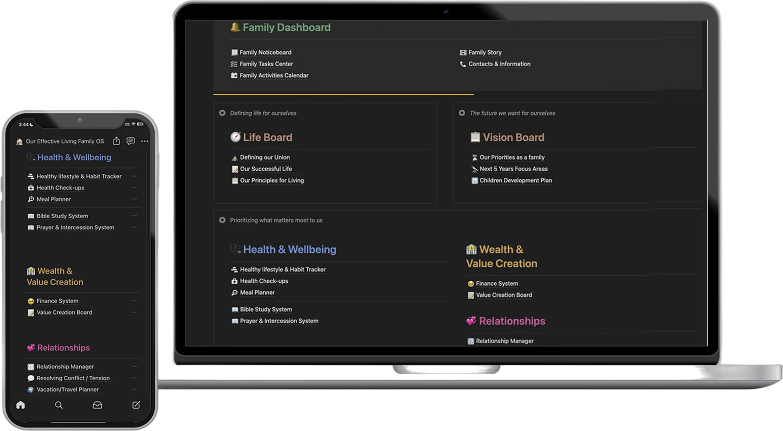 Effective Living Family OS on a laptop and phone
